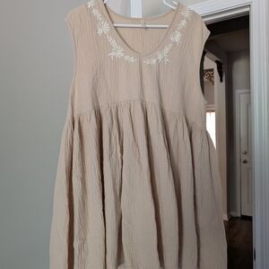 Sleeveless Beige Embroidered V-Neck Dress